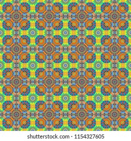 Vector illustration. Seamless pattern with decorative geometric and abstract elements in green, yellow and blue colors.