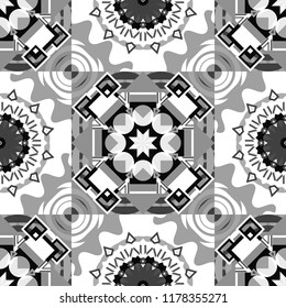 Vector illustration. Seamless pattern with decorative geometric and abstract elements in gray, black and white colors.