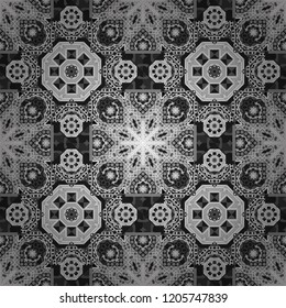 Vector illustration. Seamless pattern with decorative geometric and abstract elements in gray, black and white colors.