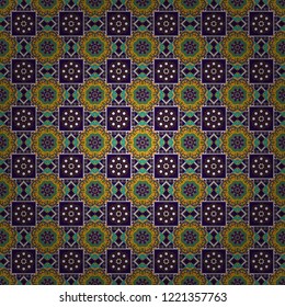 Vector illustration. Seamless pattern with decorative geometric and abstract elements in yellow, brown and blue colors.