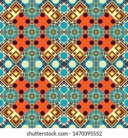 Vector illustration. Seamless pattern with decorative geometric and abstract elements in blue, orange and brown colors.