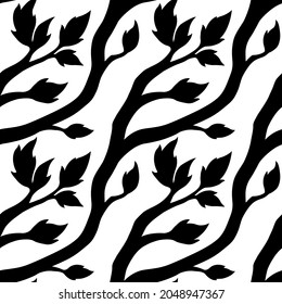 vector illustration, seamless pattern, decorative black and white ivy branches with leaves on white background