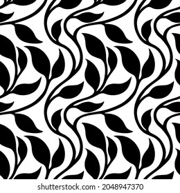 vector illustration, seamless pattern, decorative black and white ivy branches with leaves on white background