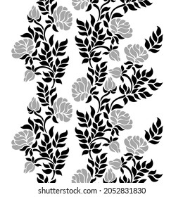 vector illustration, seamless pattern, decorative black and white rose branches with leaves and flowers on white background