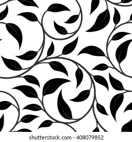 vector illustration, seamless pattern, decorative dark-grey curly tree branches with black leaves on white background