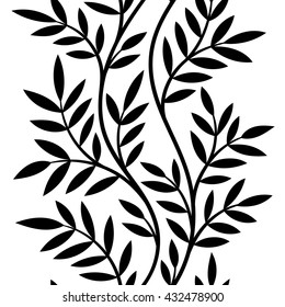 vector illustration, seamless pattern, decorative black and white wavy tree branches with leaves on white background