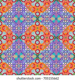 Vector illustration. Seamless pattern with decorative geometric and abstract elements in blue, violet and orange colors.