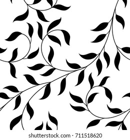 vector illustration, seamless pattern, decorative black and white curly ivy branches with leaves