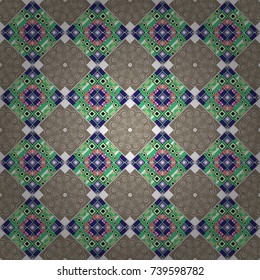 Vector illustration. Seamless pattern with decorative geometric and abstract elements in beige, green and white colors.