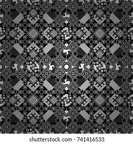 Vector illustration. Seamless pattern with decorative geometric and abstract elements in white, gray and black colors.
