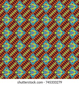 Vector illustration. Seamless pattern with decorative geometric and abstract elements in orange, blue and brown colors.