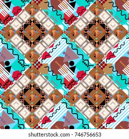 Vector illustration. Seamless pattern with decorative geometric and abstract elements in brown, beige and blue colors.