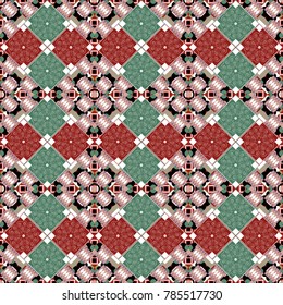 Vector illustration. Seamless pattern with decorative geometric and abstract elements in white, red and green colors.
