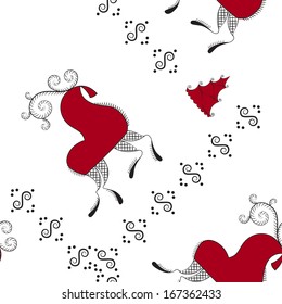 vector illustration seamless pattern of a deer in the style of Russian folk art with symbols of good luck wishes in red and black color