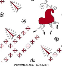 vector illustration seamless pattern of a deer in the style of Russian folk art with symbols of good luck wishes in red and black color