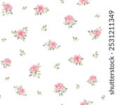 Vector illustration. Seamless pattern of delicate pink rose on a white background, blooming flowers. Cottagecore pattern. Printing on textiles, for packaging, fabric design, sublimation printing