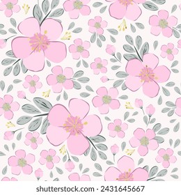 Vector illustration. Seamless pattern of delicate pink flowers on a light background, blooming apple, cherry, apricot. Printing on textiles, for packaging, product design.