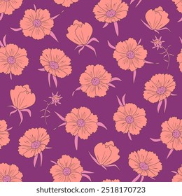 Vector illustration. Seamless pattern of delicate pink flowers on a purple background, blooming flowers. Printing on textiles, for packaging, fabric design, print for sublimation.