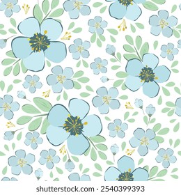 Ilustração vetorial. Padrão contínuo de delicadas flores brancas em um fundo azul escuro, flores florescendo. Impressão em têxteis, para embalagem, design de tecido, impressão de sublimação.