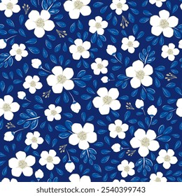 Vector illustration. Seamless pattern of delicate white flowers on a dark blue background, blooming flowers. Printing on textiles, for packaging, fabric design, sublimation printing.