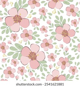 Ilustração vetorial. Padrão contínuo de delicadas flores rosa em um fundo branco, flores florescendo. Impressão em têxteis, para embalagem, design de tecido, impressão de sublimação.