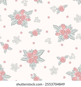 Vector illustration. Seamless pattern of delicate pink rose on a pastel background, blooming flowers. Cottagecore pattern. Printing on textiles, for packaging, fabric design, sublimation printing