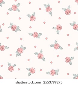 Vector illustration. Seamless pattern of delicate pink small roses on a pastel background, blooming flowers. Cottagecore pattern. Printing on textiles, packaging, fabric design, sublimation printing