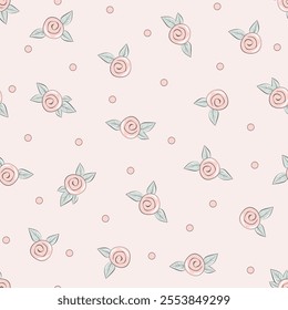 Vector illustration. Seamless pattern of delicate pink small roses on a pastel background, blooming flowers. Cottagecore pattern. Printing on textiles, packaging, fabric design, sublimation printing