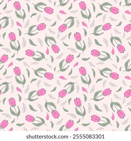 Vector illustration. Seamless pattern of delicate pink tulips on a pastel background, blooming flowers. Ditsy Cottagecore pattern. Printing on textiles, fabric design, sublimation, wrapping paper