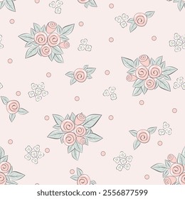 Vector illustration. Seamless pattern of delicate pink rose on a pastel background, blooming flowers. Cottagecore pattern. Printing on textiles, for packaging, fabric design, sublimation printing