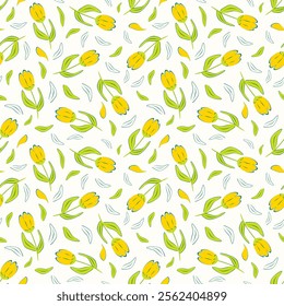 Vector illustration. Seamless pattern of delicate yellow tulips on a pastel background, blooming flowers. Ditsy Cottagecore pattern. Printing on textiles, fabric design, sublimation, wrapping paper