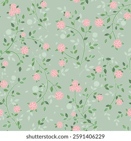 Vector illustration. Seamless pattern of delicate sprigs of pink roses on a green background, blooming flowers. Cottagecore pattern. Printing on textiles, packaging, fabric, sublimation printing