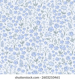 Vector illustration. Seamless pattern of delicate blue flowers on a light background. Ditsy floral blue pattern, field of flowers, print for fabric, textile, wallpaper, baby clothes, packaging	