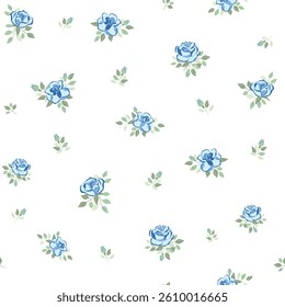 Vector illustration. Seamless pattern of delicate blue roses on a white background, blooming flowers. Cottagecore pattern. Printing on textiles, for packaging, fabric design, sublimation printing