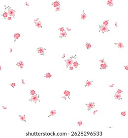 Ilustração vetorial. Padrão contínuo de pequenas flores rosa delicadas em um fundo branco. Ditsy padrão floral, campo de flores, impressão para tecido, têxtil, papel de parede, impressão para crianças, vestido