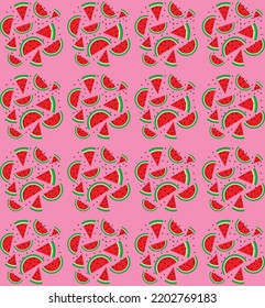 vector illustration, seamless pattern depicting slices of red watermelon with a scattering of black seeds, with a light green rind, made in bright rich colors on a bright pink background, for prints, 