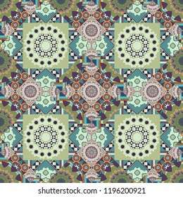 Vector illustration. Seamless pattern illustration for design. Bright flower. Abstract kaleidoscope gray, blue and green background.