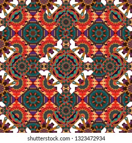 Vector illustration. Seamless pattern illustration for design. Abstract kaleidoscope red, orange and brown background. Bright flower.