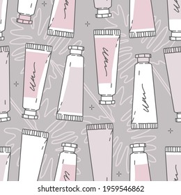 Vector illustration, seamless pattern design. Abstract background in pastel colors. Minimal outline drawing. Cosmetic packaging, multicolored cream tubes, tropical leaves. Skincare, sun protection.