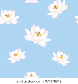 Vector illustration seamless pattern, design with water lily on blue background. 