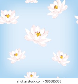 Vector illustration seamless pattern, design with water lily on blue background. 