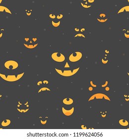 Vector illustration: seamless pattern:  different ghosts faces with yellow eyes on black background. Decorative element for Halloween party  wallpapers, fabrics, wrapping paper, scrapbooking page