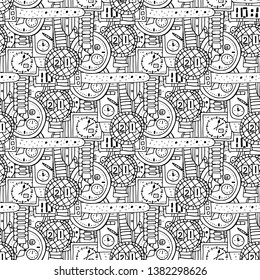 Vector illustration. Seamless pattern of different clocks in Doodle style