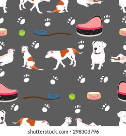 a vector illustration of a seamless pattern with different bulldogs, sitting, laying, staying, with dog's equipment, as a bed, a bowl, a ball, collar and lead