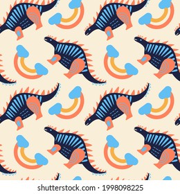 Vector illustration of seamless pattern with dinosaur. Dark blue Polacanfus on a beige background. Colored rainbow. For printing on fabric and paper.