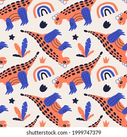 Vector illustration of seamless pattern with dinosaur. Orange Ankylosaurus on a beige background. Orange rainbow and crown. For printing on fabric and paper.
