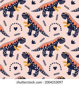 Vector illustration of seamless pattern with dinosaur. Dark blue Alosaurus on a peach background. For printing on fabric and paper.