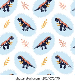 Vector illustration of seamless pattern with dinosaur. Dark blue dino in a blue frame on a white background. For printing on fabric and boomeg. To decorate the nursery. Hand drawn