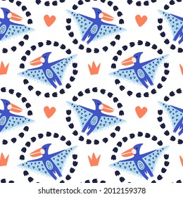 Vector illustration of seamless pattern with dinosaur..Blue dino in a graphic frame on a white background. For printing on fabric and boomeg. To decorate the nursery. Hand drawn
