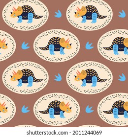 Vector illustration of seamless pattern with dinosaur..Multicolored dino in a beige frame on a coffee background. For printing on fabric and boomeg. To decorate the nursery. Hand drawn